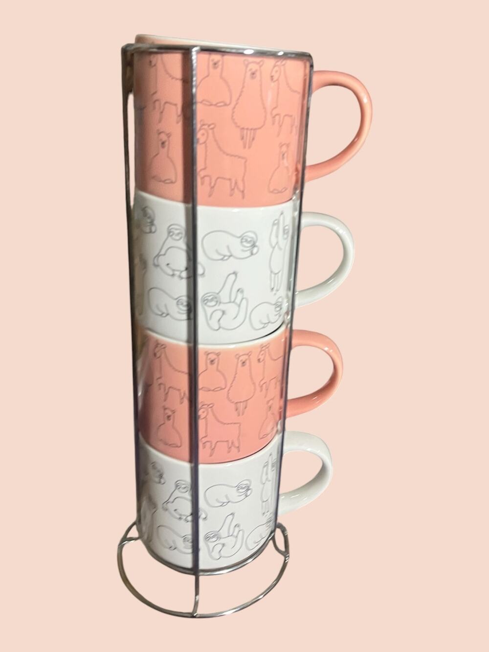 coco + lola Premium Collection 2 Sloths & 2 Llamas Peach & White Mugs with Stand